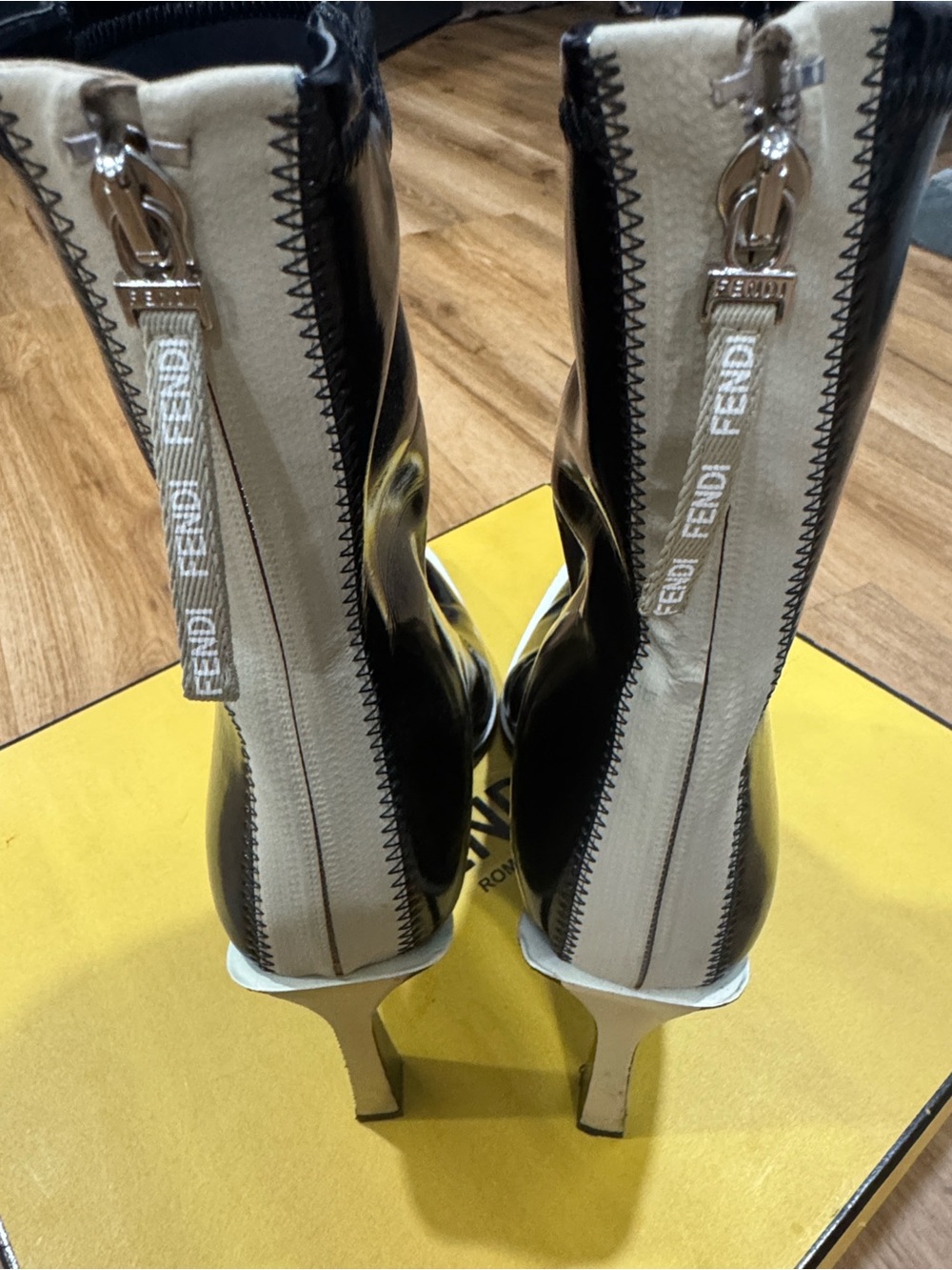 Fendi Black and Beige Patent Leather Zip-Back Ankle Boots